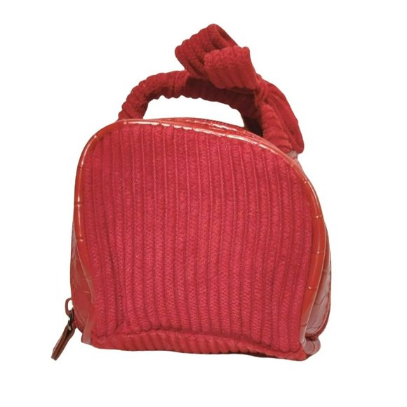 Mini Red Corduroy Cotton Full Zip Jewelry Travel Bag Bow on Handle Inside Pocket - Picture 1 of 15